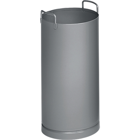 Graue, zylindrische Tonne mit zwei Henkeln, ohne erkennbaren Inhalt.