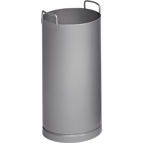 Grey cylindrical trash can with two handles.