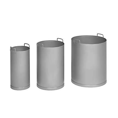 Three differently sized cylindrical metal containers, with handles on top.