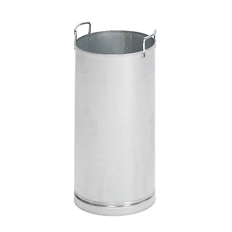 A cylindrical metal container with two handles. The surface is matte and reflects the light, the edges are rounded.