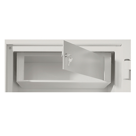 Open safe with keys, empty inside.