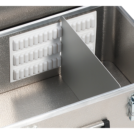 Detail of a silver case with internal dividers and white foam inserts.