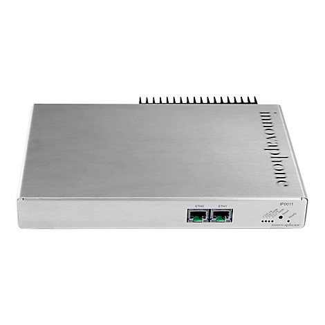 Silberfarbenes Innovaphone-Gerät, zwei Ethernet-Anschlüsse, schwarze Kühlrippen oben.