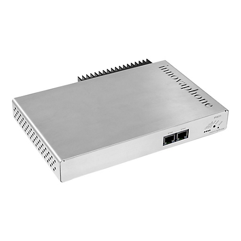 Silberfarbenes Innovaphone-Gerät, vorne ETH-Anschlüsse und Beschriftung IP0011, oben Kühlrippen.