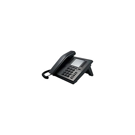 Schwarzes Tischtelefon, Display, Tastatur, HÃ¶rer abgelegt.
