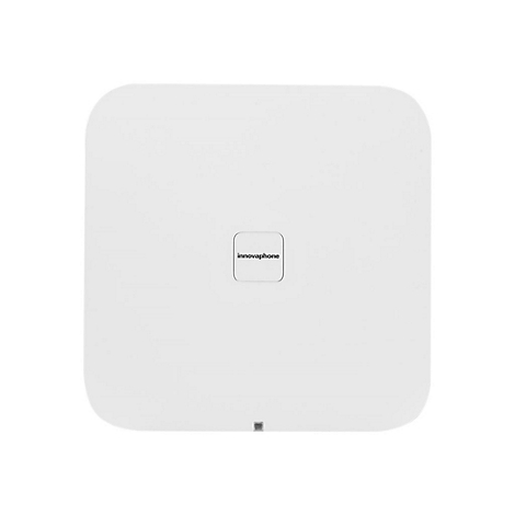 Ein weißes, quadratisches Gerät mit abgerundeten Ecken. In der Mitte steht "innovaphone".