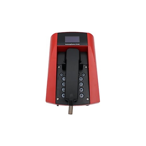 Rotes Festnetztelefon mit Display, Zifferntasten und Hörer.