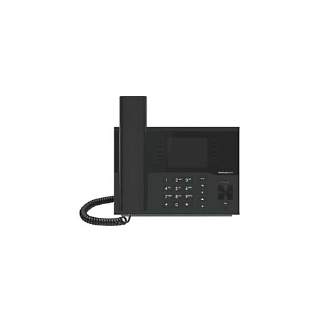 Schwarzes Festnetztelefon mit Display und Ziffernblock.