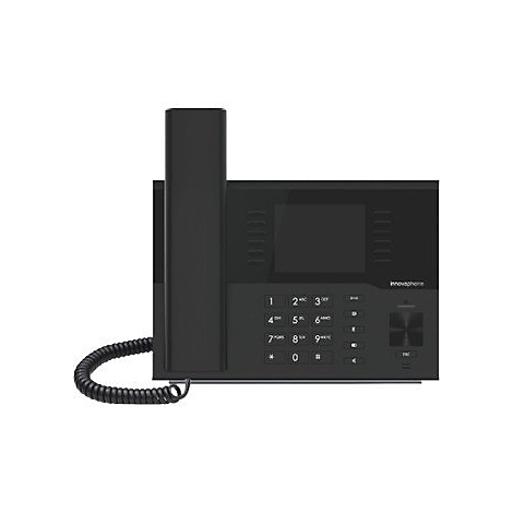 Schwarzes Festnetztelefon mit Display und Ziffernblock.