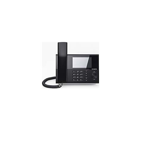 Schwarzes Bürotelefon mit großem Touchscreen und Hörer.