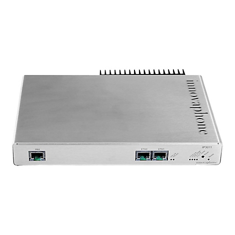 Silberne Innovaphone IP3011, mit Anschlüssen und Kühlrippen.