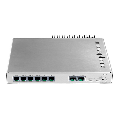 Ein silberfarbenes IP311-Gerät von innovaphone. Auf der Vorderseite sind Anschlüsse für Netzwerkkabel und Telefonkabel zu sehen.