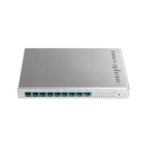 Silberfarbenes, rechteckiges Gerät mit grünen Anschlüssen und der Aufschrift "innovaphone".