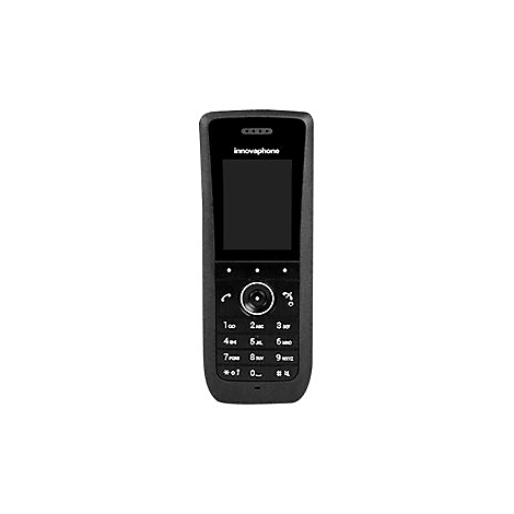 Schwarzes Mobiltelefon mit Tasten und Display, das Produkt ist von Innovaphone.