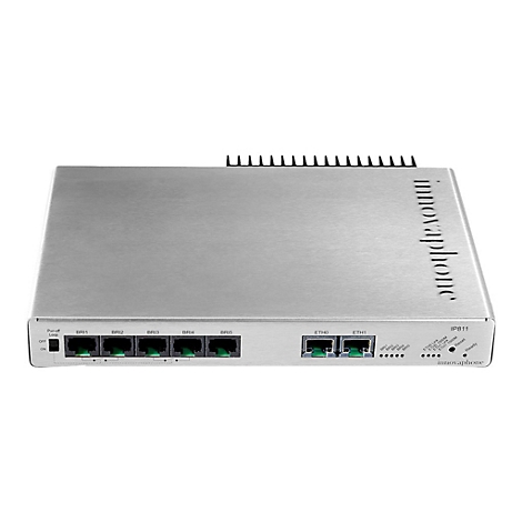 Ein silbernes IP811-Gerät mit mehreren Anschlüssen, Beschriftungen und einem Lüfter. Die Marke ist 'innovaphone'.