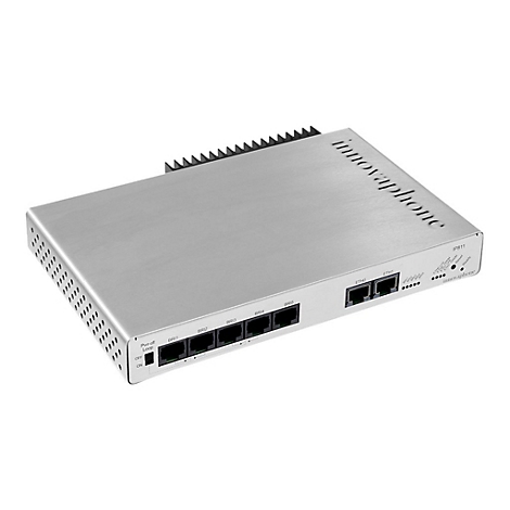 Ein silberfarbenes IP-Telefon-Gateway mit Anschlüssen, Beschriftungen und dem Markennamen innovaphone.