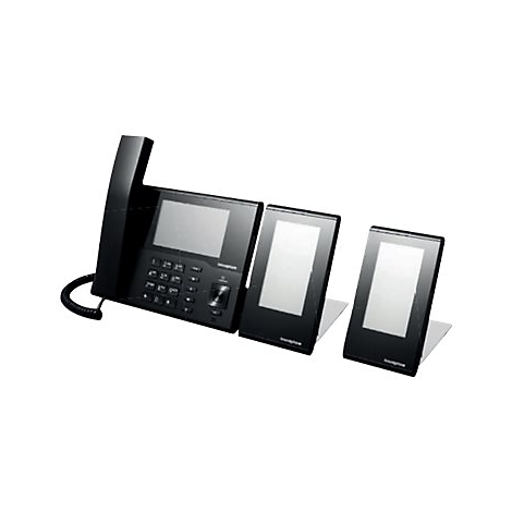 Schwarzes Bürotelefon mit zwei zusätzlichen Bildschirmen. Das Telefon hat ein großes Display und zahlreiche Tasten.