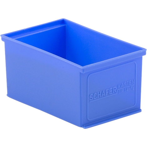 Blue storage box, rectangular, with the lettering SCHÄFER KASTEN. Open top.