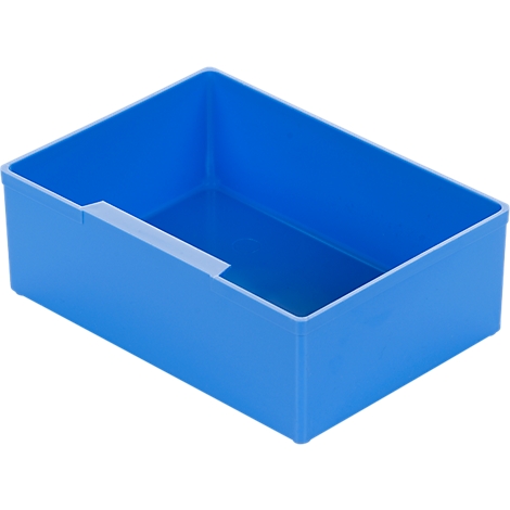 Blue, rectangular plastic box. With a recess on the side.