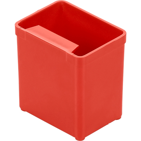 A red rectangular container with handle, photographed slightly diagonally from above.