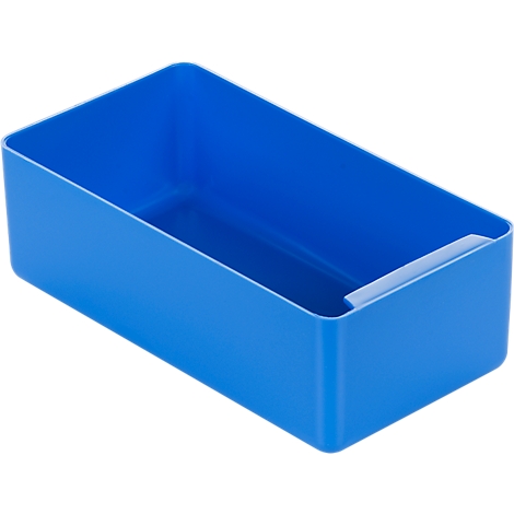 A blue, rectangular plastic storage box. It is light blue inside, with a small recess on the side.