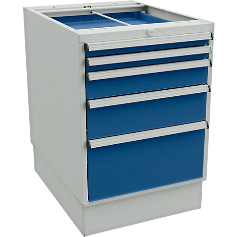 Tool cabinet with blue painted drawers and silver handles. The cabinet is light gray.
