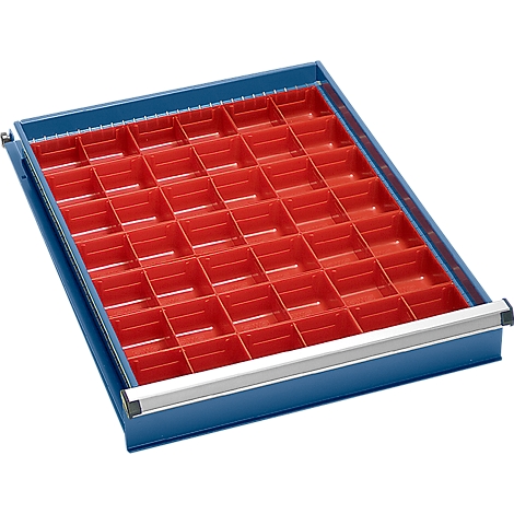Blue drawer with red interior. The drawer is divided into many small compartments.