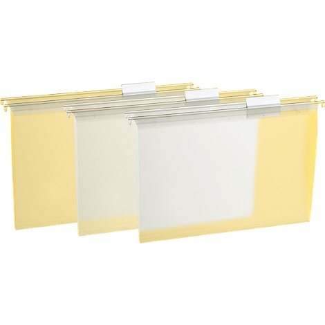 Three yellow hanging folders with white labels, arranged in a row.