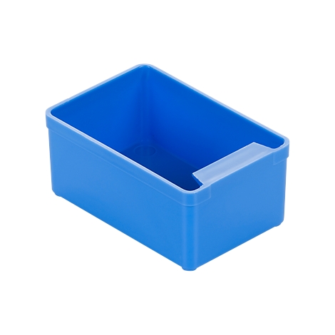 Blue rectangular plastic box with a recess on the side.