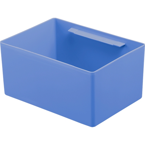 Blue, rectangular storage box with a handle.