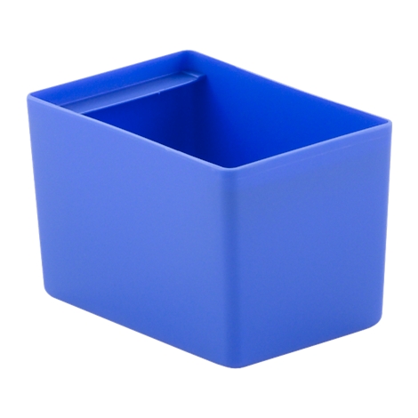 Blue, rectangular storage box with a divider.
