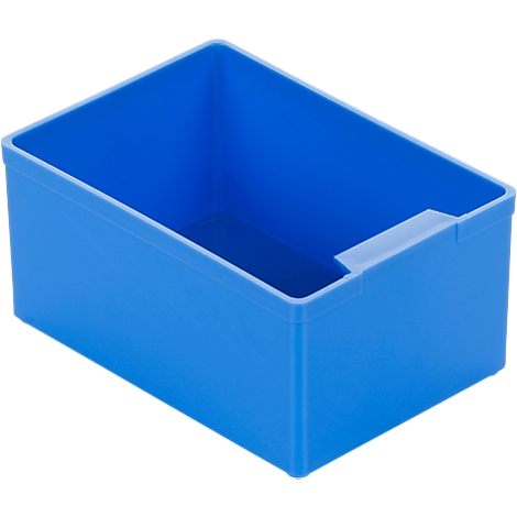 Blue, rectangular storage box with a recess on one side.