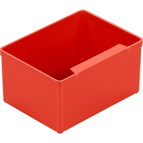 Red rectangular plastic storage box with a handle cutout on top.
