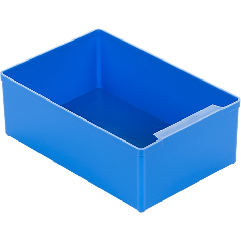 A blue, rectangular storage box with a handle. The box is empty.