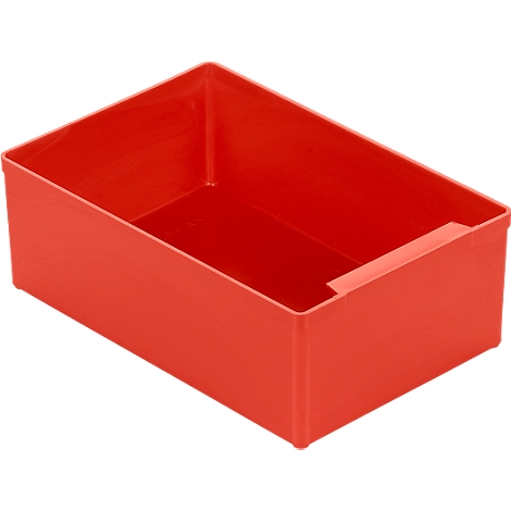 Red rectangular plastic box. A small cutout on the short side.