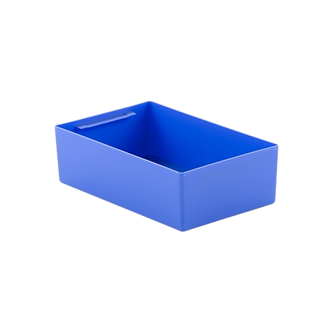 Blue, rectangular storage box with a handle on the short side.