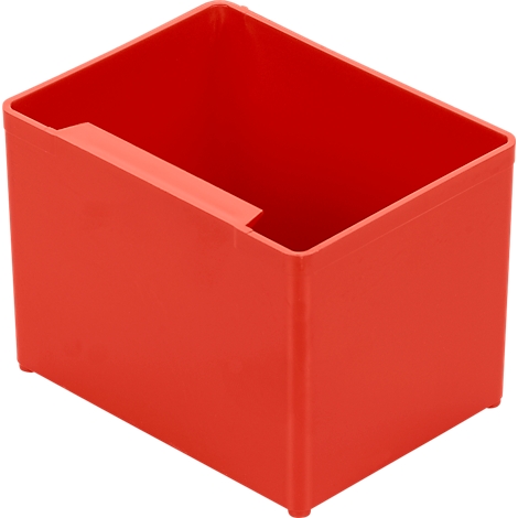 Red rectangular storage box with handle. Small feet are visible on the corners.