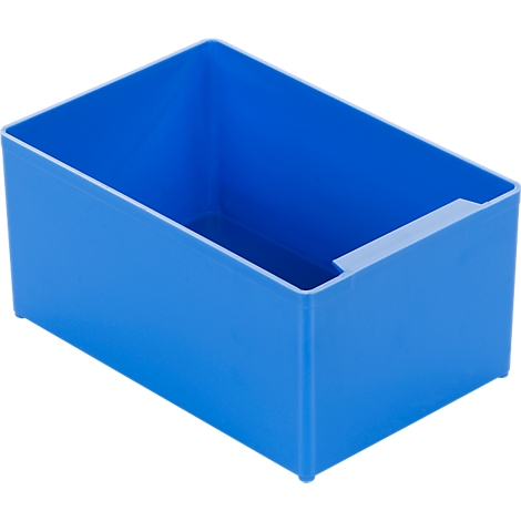 Blue rectangular storage box with a handle cutout.