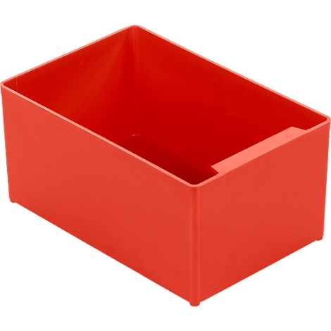 Red plastic box, rectangular shape, with a cut-out on the side. The box stands on a white surface.