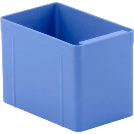 Blue plastic container. Rectangular shape, handle on one side.