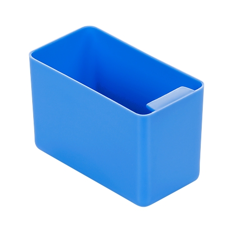 Blue, rectangular container with a cutout. Empty inside.