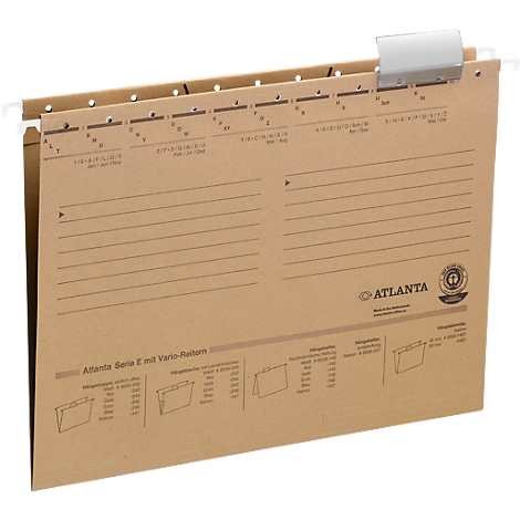 Brown cardboard hanging file, with metal clip and labeling.