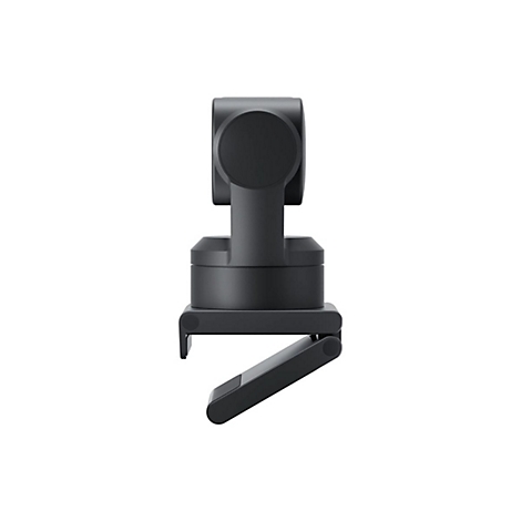 Schwarze, minimalistische Webcam mit verstellbarem Standfuß vor weißem Hintergrund.