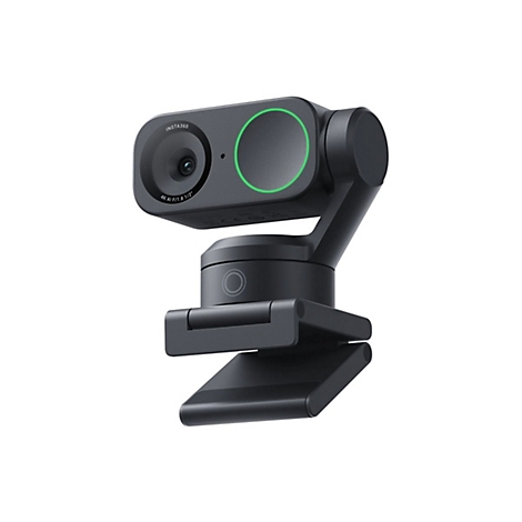 Schwarze Insta360 Webcam mit 4K-Objektiv, Gimbal und grün leuchtendem Ring auf weißem Hintergrund.