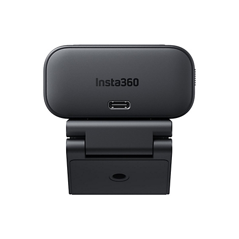 Schwarze Insta360 Webcam mit USB-C-Anschluss, frontal isoliert vor weißem Hintergrund.