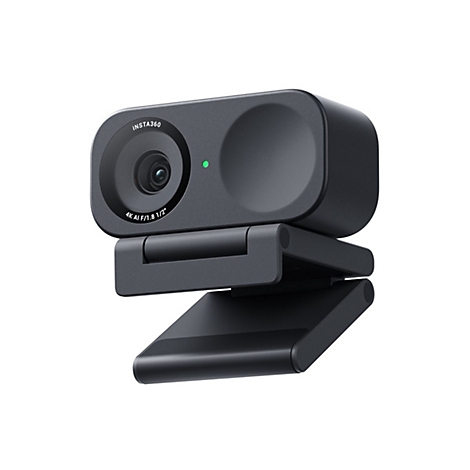 Schwarze Insta360 Webcam mit grünem Statuslicht vor weißem Hintergrund.