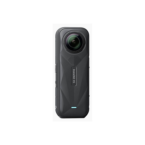 Schwarze Insta360 X5 Kamera in Frontansicht mit auffälligem Objektiv und Firmenlogo vor weißem Hintergrund.
