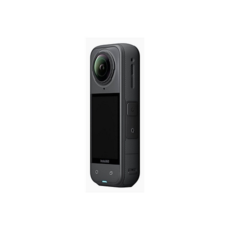 Insta360 X3 Kamera in Grau mit vertikalem Touchscreen, gewölbtem Objektiv und seitlichen Tasten auf weißem Grund.