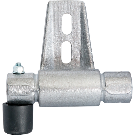 Gray metal hinge with two holes. A black rubber is attached at the end of the hinge.