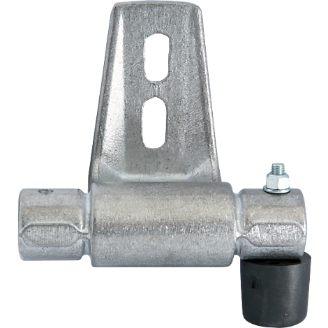Metal angle with rubber. Two holes, a bolt with nut and a black rubber buffer.